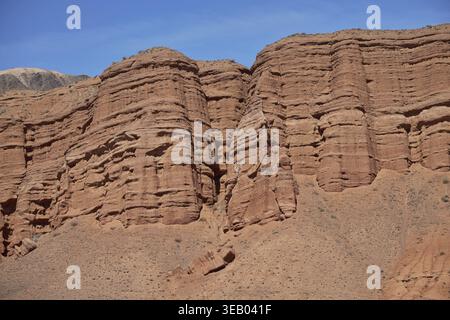 Destinazione di viaggio, famoso punto di riferimento del Kirghizistan. Colonne rocciose di arenaria rossa nel canyon di Konorchek, depositi eolici, scogliere a picco causate da erosioni del suolo Foto Stock