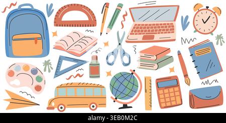 Illustrazione colorata di materiale scolastico, tra cui zaino, laptop, libri, globo e articoli di cancelleria disposti in un layout educativo e giocoso Illustrazione Vettoriale