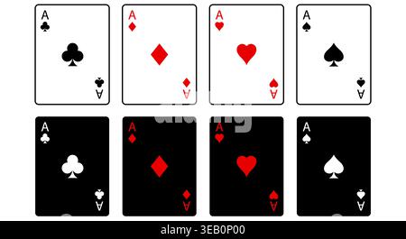 Due file di quattro assi tutti si adattano a picche cuori diamanti club. Fila superiore carte bianche classiche fila inferiore carte nere. Minimalista per poker o casinò grafico Foto Stock