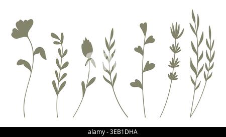 Una collezione di eleganti silhouette botaniche verdi salvia con vari fiori selvatici, fiori e rami di foglie isolati su uno sfondo bianco. Illustrazione Vettoriale