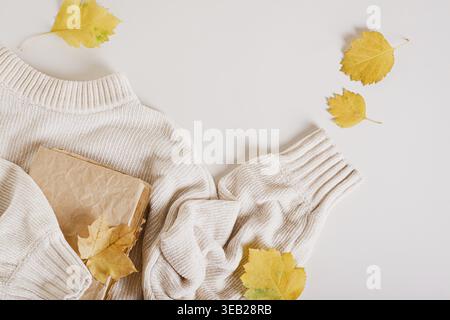 Maglione in maglia autunnale, vecchio libro e vista dall'alto foglie gialle Foto Stock