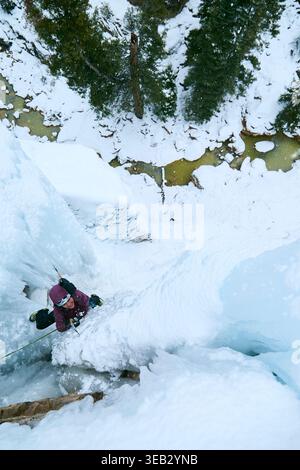 Arrampicatore su ghiaccio che sale alla cascata ghiacciata utilizzando le asce di ghiaccio Foto Stock