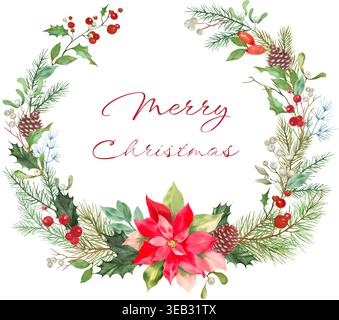 Acquerello botanico natalizio con foglie di agrifoglio, cono, bacche rosse. Cornice rotonda floreale con motivi floreali per biglietti d'auguri per le feste. EPS vettoriale. Illustrazione Vettoriale