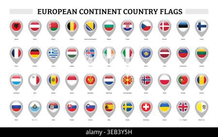 Raccolta di bandiere dei paesi del continente europeo in formato icona pin posizione sfondo isolato Illustrazione Vettoriale