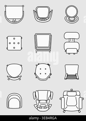 Set di icone vettoriali minimaliste di sedie e poltrone con disegni dall'alto. Illustrazione Vettoriale