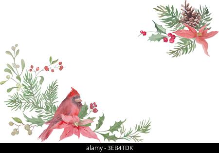 Cornice di Natale con acquerello con uccello cardinale rosso, punta, rami di pino. Angolo botanico per le vacanze invernali isolato sul bianco. EPS vettoriale. Illustrazione Vettoriale