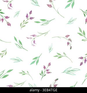 Motivo acquerello senza cuciture con fiori di lavanda viola estivo dipinti a mano, stampa floreale a ripetizione per decorazioni in stile vivaio, textil. EPS vettoriale. Illustrazione Vettoriale