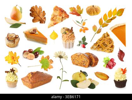 Collage autunnale con dolci e foglie di stagione su sfondo bianco Foto Stock