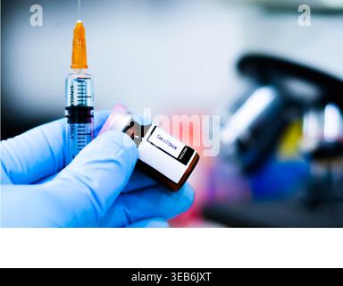 Bottiglie di vaccino e siringhe iniettabili per prevenire il virus del vaiolo. Foto Stock