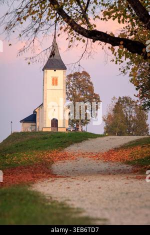Vista della storica Chiesa di San Primo e Feliciano su una collina erbosa con foglie autunnali e un sentiero di ghiaia al tramonto in Slovenia. Foto Stock