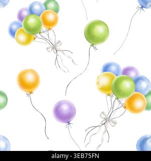 Motivo senza cuciture di palloncini di colore verde, blu, giallo e viola. Illustrazione ad acquerello fatta a mano. Per una festa a tema, un compleanno, una festa Foto Stock