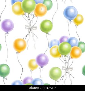 Motivo senza cuciture di palloncini di colore verde, blu, giallo e viola legati con un fiocco. Illustrazione ad acquerello fatta a mano. Per festività a tema, compleanno Foto Stock