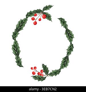 Illustrazione ad acquerello di una corona circolare di agrifoglio con foglie verdi e bacche rosse. C'è spazio per il testo. Foto Stock