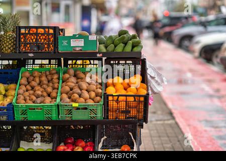 Batumi, georgia 21 aprile 2026: Stalla che espone vari tipi di frutta fresca tra cui kiwi, avocado e agrumi in vendita in una strada urbana a batumi, georgi Foto Stock