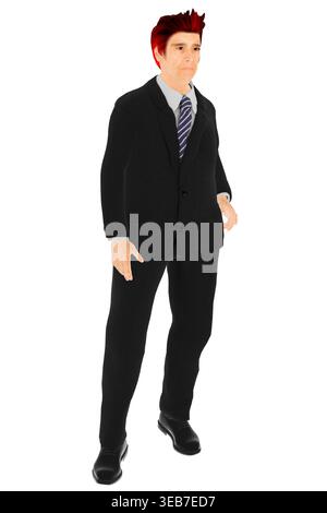 Modello 3D realistico di una persona in piedi con un abito nero, una camicia bianca e una cravatta blu. PNG con sfondo trasparente, ideale per aziende, aziende, Foto Stock