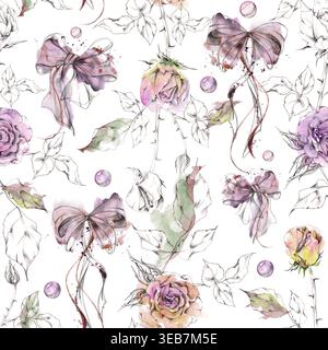 Fiori di rosa da tè botanico, perle di vetro lucide, fiocchi di nastro rilegati e rigogliosi disegnati a mano in acquerello e matita con una palette romantica vintage. Senza interruzioni Foto Stock