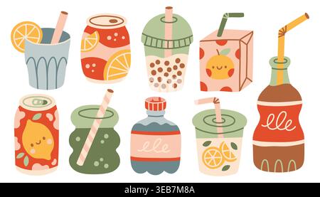 Raccolta di bevande analcoliche vettoriali, tra cui lattine di bibite gassate, scatole di succo e tè a bolle. Set di bevande colorate con fette di paglia e agrumi in carino Illustrazione Vettoriale