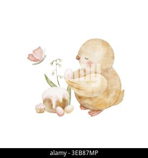 Pollo con uova di Pasqua, torta, farfalla, giglio di valle. Illustrazione ad acquerello di uccelli in stile bambini, disegnati a mano e isolati dallo sfondo Foto Stock