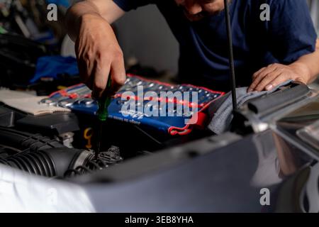 Un giovane attento esegue la manutenzione del motore di un'auto mentre lavora nel suo garage a casa. Foto Stock