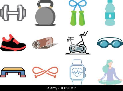 Una collezione di illustrazioni piatte colorate con oggetti legati al fitness e all'allenamento Illustrazione Vettoriale