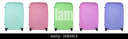 Valigie colorate con guscio rigido isolate su sfondo bianco. Set di moderni bagagli da viaggio in diversi colori luminosi con ruote. Concetto di viaggio, va Foto Stock