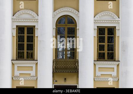 Vista architettonica ravvicinata del castello di Paezeriai nel quartiere di Vilkaviskis, Lituania, caratterizzato da alte colonne classiche, finestre ad arco e balco decorativo Foto Stock