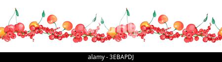 Ribes rosso acquerello e ciliegie gialle bordo senza cuciture, clipart di bacche Foto Stock