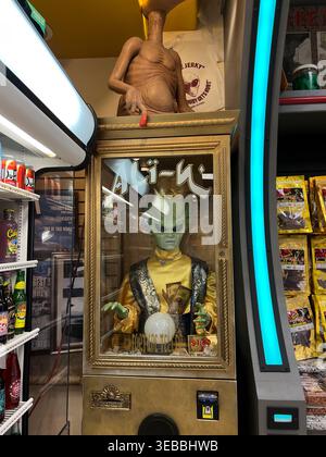 Alien Fortune Telling Machines in mostra presso l'ATTRAZIONE Alien Fresh Jerky ROAD, mostra aliena dell'8 giugno 2021 a Baker California. Foto di Jennifer Graylock-Alamy 917-519-7666 Foto Stock