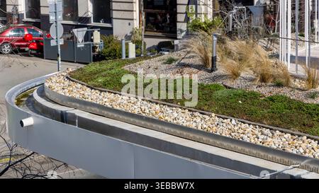 Tetto verde a basso profilo piantato con strisce di drenaggio in sedum e ghiaia su un edificio di Vienna in Austria, che presenta un design urbano sostenibile e isolamento Foto Stock