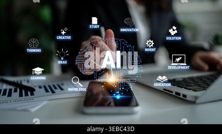 Concetti di business moderni illustrati con le innovazioni dell'intelligenza artificiale e l'interazione digitale su smartphone in Contemporary Office Environment Quark. Foto Stock
