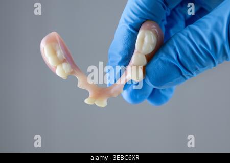 Dentista che tiene in mano una piastra per dentatura parziale inferiore Foto Stock