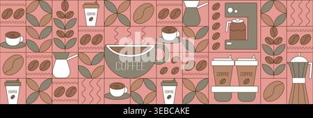 Motivo geometrico del caffè in stile minimalista. Disegno geometrico della linea. Sfondo a stampa astratta con forme semplici per caffetteria, confezionamento di alimenti, parete del caffè, menu. Illustrazione Vettoriale