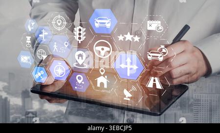 Le icone GPS mostrano la navigazione, il tracciamento GPS e la posizione. Il GPS supporta mappe in tempo reale, indicazioni e servizi di navigazione GPS per la mobilità e il trasporto Foto Stock
