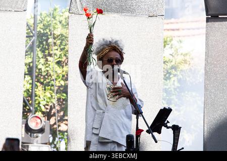 Lisboa, Portogallo. 25 aprile 2026. Presentazione del cantante e compositore brasiliano Chico Cesar, che si è svolta sabato (25), 25 aprile, a Palácio Baldaya, nella parrocchia di Benfica, Lisbona, Portogallo. Il 25 aprile celebra la Rivoluzione dei garofani (1974), un pacifico colpo di Stato militare che rovesciò la dittatura di Estado Novo. Il movimento ha ripristinato la democrazia, la libertà di espressione e ha avviato la decolonizzazione. È il giorno della libertà, simboleggiato dai garofani rossi posti nelle botti dei fucili. Crediti: Thamiris Souza/FotoArena/Alamy Live News Foto Stock