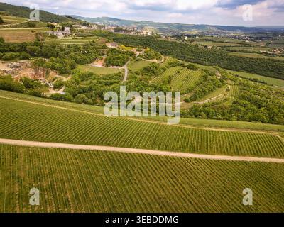 Veduta aerea di Pieve di San Giorgio e dei lussureggianti vigneti su colline ondulate con pareti in pietra e un sentiero sterrato a San Giorgio di Valpolicella, Veneto, Italia Foto Stock