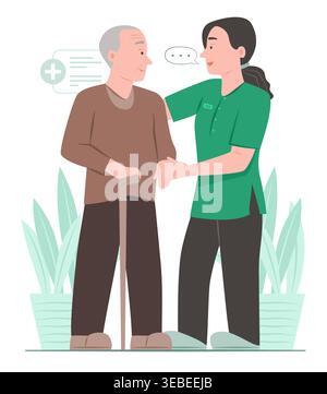 Fisioterapista infermiere riabilita il paziente più anziano maschio per la formazione per camminare per l'assistenza sanitaria e la procedura di terapia Concept illustrazione Clip Art Illustrazione Vettoriale