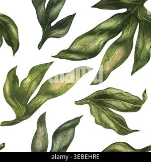 Motivo botanico ad acquerello di grandi dimensioni senza cuciture con foglie verdi espressive. La composizione audace e l'elegante texture naturale e morbida creano un ambiente moderno Foto Stock
