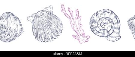 Bordi senza cuciture di shell e coralli. Illustrazioni a inchiostro disegnate a mano della vita marina per cartoline, merci e caffetterie. Disegni di animali subacquei per Illustrazione Vettoriale