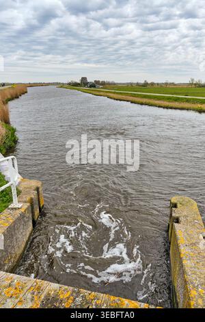 ZUID-SCHERMER, PAESI BASSI - 11 aprile 2026: Dutch Water Management and Landscape, stazione di pompaggio uscita Canal with Flowing Water e Distant Windmil Foto Stock