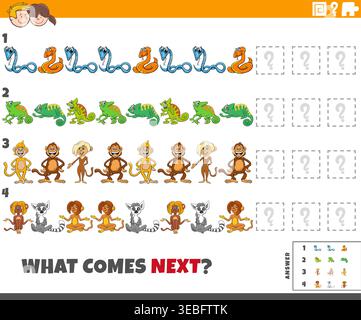 Illustrazione cartoni animati che illustra il completamento del puzzle dell'attività didattica con personaggi animali Illustrazione Vettoriale