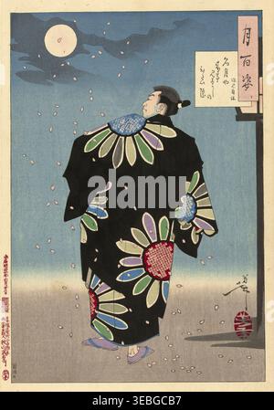Fukami Jikyu al chiaro di luna Tsukioka Yoshitoshi 1887‑06‑23 stampa su legno di Tsukioka Yoshitoshi, datata 23 giugno 1887, che mostra Fukami Jikyu in un kimono nero decorato con grandi motivi crisantemi, camminando tra petali di fiori cadenti sotto la luna piena. Una scena poetica del tardo periodo ukiyo-e di Yoshitoshi, parte delle sue celebrate opere a tema lunare. Foto Stock
