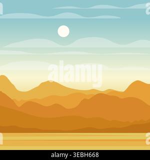 Illustrazione delle dune in pendenza del paesaggio del deserto arancione. Viaggia in Egitto in un cartone animato in stile piatto. Alba panoramica mattutina Illustrazione Vettoriale