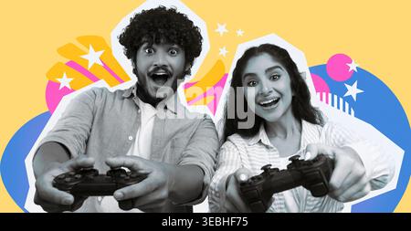 Felice coppia indiana che gioca ai videogiochi insieme a casa con joystick Gamepad in camera gialla Foto Stock
