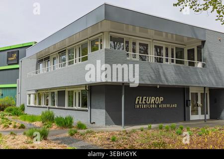 Veenendaal, Paesi Bassi, 15 aprile 2026. Vista ravvicinata del quartier generale di Fleurop Interflora Nederland, con muratura grigia e arredo minimalista Foto Stock