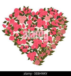 Disposizione a forma di cuore di rose rosa. Illustrazione vettoriale isolata su sfondo bianco. Illustrazione Vettoriale