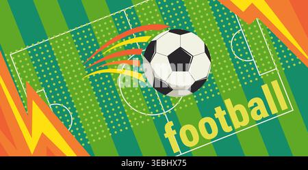 Poster orizzontale per il calcio 2026.pallone dinamico sul campo da calcio.Design per la competizione.sfondo per il Campionato del mondo 26.illustrazione vettoriale per social media, Web, banner, volantino, stampa Illustrazione Vettoriale