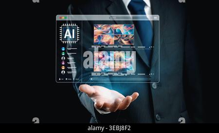 Piattaforma DI INTELLIGENZA ARTIFICIALE che genera immagini artistiche con interfaccia dinamica. I contenuti generati DALL'INTELLIGENZA artificiale vengono visualizzati nella galleria di immagini vista intelligenza artificiale. Intelligenza artificiale genrativa Foto Stock