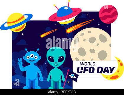 World UFO Day Vector Illustration Alien Spaceship Abduction Scene in Outer Space with Planets Night Sky Sci Fi Theme Modern Flat Design Illustrazione Vettoriale