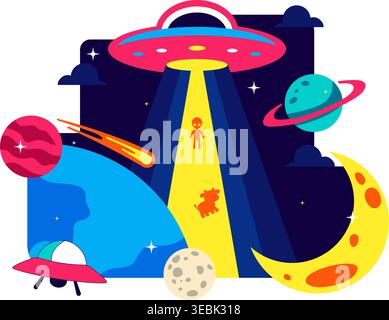 World UFO Day Vector Illustration Alien Spaceship Abduction Scene in Outer Space with Planets Night Sky Sci Fi Theme Modern Flat Design Illustrazione Vettoriale