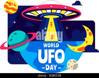 World UFO Day Vector Illustration Alien Spaceship Abduction Scene in Outer Space with Planets Night Sky Sci Fi Theme Modern Flat Design Illustrazione Vettoriale